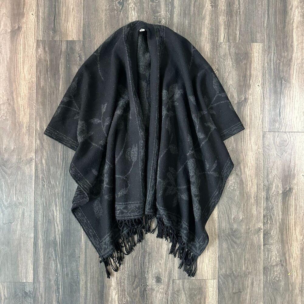 Black Floral Wrap Poncho Fringed Blanket Shawl One Size Womens Warm Winter Layer